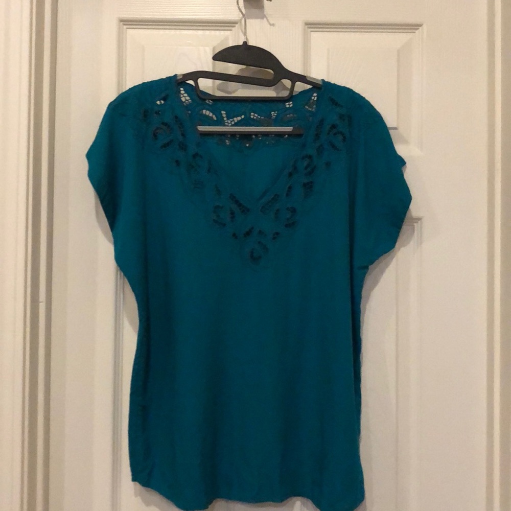 Handmade! Reversible teal blouse with lace, sz M